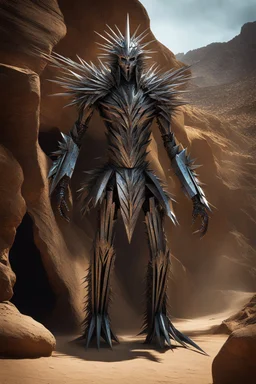 A sinister enlongated humanoid creature made entirely of sharpened metal blades and spikes stands before a metal tree in a desert cave. Photograph.