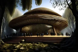 futuristic Iranian theatre, organic form, wooden outer skin, set back at ground level , vernacular architecture, in jungle of Alborz mountain ranges, wooden structure, sloped roof, wealth of flora, with dancing performance, fog and rain, light ray