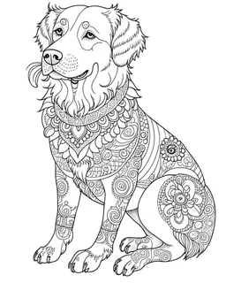 beautiful full body Golden Retriever, coloring page for adults, photo realistic, clean line art , mandala, high detailed, no background, mandala, white, black, coloring book, sketchbook, realistic sketch, free lines, on paper, character sheet, 8k