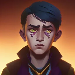 Portrait of a 9 year old warlock boy with sad eyes Nick Harris style