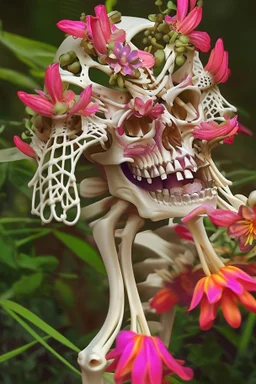 Elaborate skeleton lattice with multicolored blooming alien flowers growing through it.
