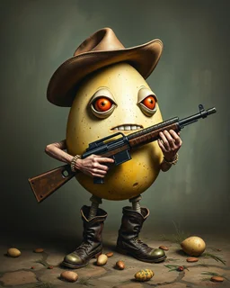 Bosch painting style ,nightmare, a big Easter eggs with lugs wearing boots and hands carrying a machine gun with a big cowboy’s hat and
