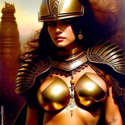 portrait ' Sexy busty woman naked ',ancient metal armor and Helmet ,painting by gaston bussiere, greg rutkowski, yoji shinkawa, yoshitaka amano, tsutomu nihei, donato giancola, tim hildebrandt, oil on canvas, cinematic composition, extreme detail,fit full head inside picture,16k