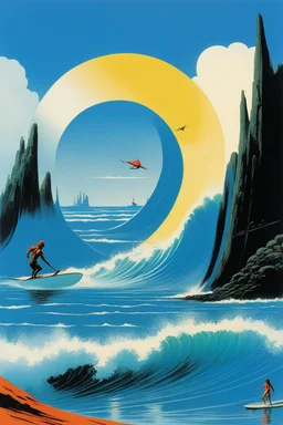[illustration by Roger Dean futuristic neo-dada] Le surf, c’est la liberté, Gauches ou droites, il faut les écouter, Je les suis, je suis debout, Elles me guident, je les allonge.
