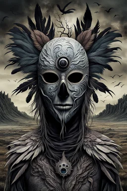 An surreal stunning image of a crepy ritualistic Feathered face Mask mutant witd dark eyes, pale skin, on creature, with dark muted tones, a grim and weird atmosphere, textured impasto-like effect with ink, intricate details, surreal vibe, expressive focusing, muted tones, gradients, thriller and utopistic mood, in background barren landscape, ruins, dark shadows