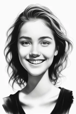 A realistic drawing in negative space black ink on white background of a beautiful front view of girl smiling with clear white face, all picture is bright white