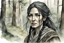 ink wash and watercolor illustration of an ancient grizzled, gnarled female vagabond wanderer, long, black hair streaked with grey, highly detailed facial features, sharp cheekbones. Her eyes are black. She wears weathered roughspun Celtic clothes, emaciated and tall, with pale skin, full body , thigh high leather boots within a forest of massive ancient oak trees in the comic book style of Bill Sienkiewicz and Jean Giraud Moebius , realistic dramatic natural lighting, rich, vibrant earth tones