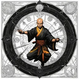 (in the style of Orion, by Masamune Shirow) a Shaolin monk casting a magic spell in the middle of a pentacle, magic is in the air, he cast fire by his hands