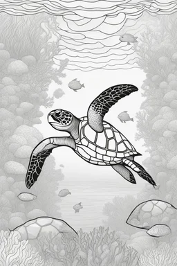 STRESS RELIEF themed coloring page for adult, A serene underwater world with gliding sea turtles and coral, cartoon style, thick outline, low details, no shading, no color