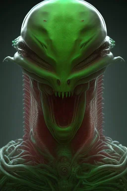 green alien, head, evil, red eyes, big silver teeth, weapons, blood, 8k, finely detailed, photo realistic, HR Giger style