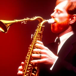 REd-haired Ron howard richie from happy days playing the saxophone with his "eyes closed", rock band, embouchure, looking at camera