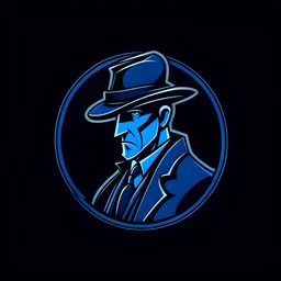 A stylish gaming logo for a detective simulation game, dark blue background