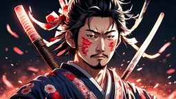 mid 30 year old japanese man, stubble on face, wearing traditional samurai clothing, surrounded by glowing katanas impaled into ground , anime