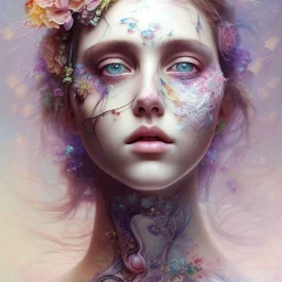 singer Danish MØ face, wildflower, facepaint, dnd character portrait, intricate, oil on canvas, intricate detail , soft smooth lighting, soft pastel colors, painted Renaissance style,watercolor illustration by <agnes cecile> <Yoji Shinkawa>,