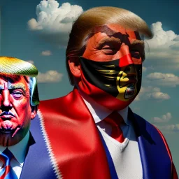 realistic image of donald trump as a mexican wrestling fighter posing outdoors, with mexican mask painted on the face, red and blue breeches, confederate flag cape, naked torso, retro style, 80s, vibrant color, highly detailed, sky background, concept art, unreal engine 5, god rays, ray tracing, RTX, lumen lighting, ultra detail, volumetric lighting, 3d, finely drawn, high definition, high resolution.