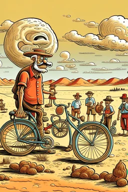 giant old bicycle with pepe on the top smoking in the desert with small people around n the style of Hiroshi Nagai