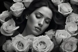 (best quality)1, (best detail)+, (best resolution)1, (realistic)1, closeup of a woman's face, eyes closed, tears, deep shadows, (film grain)1.2, skin glow, (a ring of bright roses around her head)1.2, a bouquet of flowers in her hand, deep emotion, in a cemetery, destaturated color, (her hair seems like a glowing halo)1.2