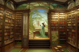 the endless library, a friendly space, diorama by alphonse mucha