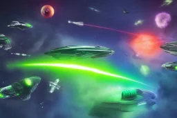 spaceship battle, spaceships, explosions, lasers, green lasers, explosions, painting