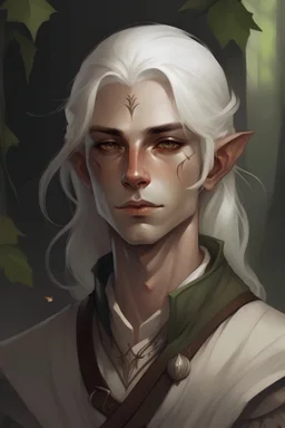 portrait of a half human half elf with white hair and eyes, for DND where this person has a dagger and nature powers