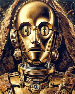 Prompt: Ultra realistic 4K HDR 300 dpi acrylic oil painting of star wars character C3PO, intricate detail, trending on artstation, Jean Baptiste Monge, Michael Garmash. background dagobah. only The words "NAME" are written in a bold, vintage font across the top of the design.