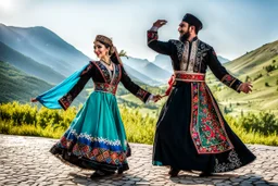 a couple man and woman in Azerbaijan costume ,dancing Azerbaijan folk dance togather