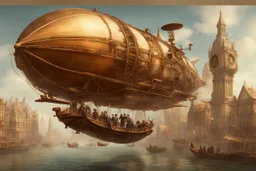 steampunk airship with a large gondolier with people, landing in a city