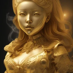 perfect face hitomi tanaka, golden statue, 8k, fog and smoke effect, chakra energy around HDR photograph