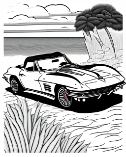 black and white coloring page for kids cartoon style of 1963 corvette convertible set back in front of ocean, center to frame