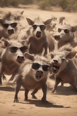 Close-up animation of a mischievous group of wild warthogs wearing sunglasses and attempting to breakdance in a comical fashion.