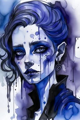 An ink wash and watercolor illustration of a young stoic Goth vampire witch with highly detailed hair and facial features , in the abstract expressionist style, indigo and amethyst, ragged and torn Victorian costumes, hard , gritty, and edgy depictions, portrait vibrant forms, ethereal, otherworldly