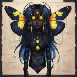 full body portrait illustration , long hair, with detailed blueprints and engineering schematics of a walking hybrid Madagascan sunset moth insect girl, antennae, black sclera, gold eyes, in anime style, with highly detailed facial features, drawings, and technical notation, 8k, vibrant natural colors