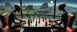 alien yoga chess masters playing serious chess on hex map in lounge on beautiful lush planet