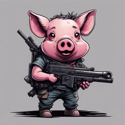 Little pig armed with a machine gun, cartoon style, walking dead style, vivid and dark colors, transparent background, 32k UHD,