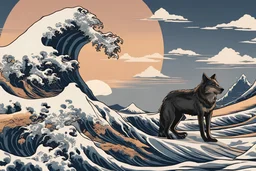 the great wave transforming into the head of a wolf from the side and a prominent sunset in the background