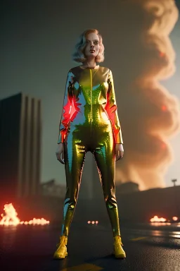 retro sci-fi portrait image from 1980, Los Angeles street explosions, fire, scared people, sweet young blonde woman walking, tight latex suit, soft color, highly detailed, unreal engine 5, ray tracing, RTX, lumen lighting, ultra detail, volumetric lighting, 3d, finely drawn, high definition, high resolution.