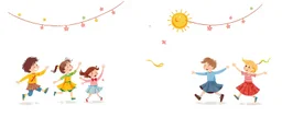 whimsical illustration of children playing and dancing. children's book style, on a white background