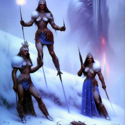 art by frank frazetta, stunning female winter warriors, ice queens, nip