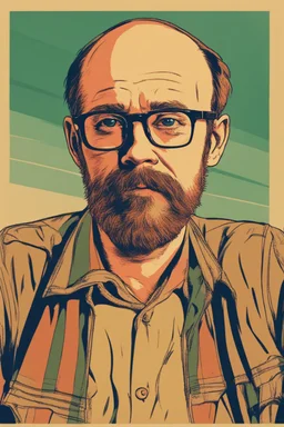 Man similar with glasses of colours and poor and short short short and poor hair on the head with receding hairline. Farsightedness glasses with big eyes. Shirt beard in the head. Vintage look and feel like photo style-of the 70s