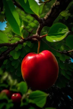 Looking up into a tree of a large red apple\