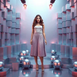 make a picture pretty stage made of metallic blue-gray teme 3d recursive cubic and sphere and cylinder base structures and a beautiful fashion model lady standing with cute in scene with sexy top and pretty pleated midi skirt ,makeup curvy long hair,dynamic camera zoom to full body and pan, dynamic lights.