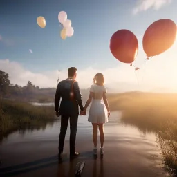 couple, balloons in the air, closed eyes, rtx, reflection, 8k, glow, winning photography, caustics