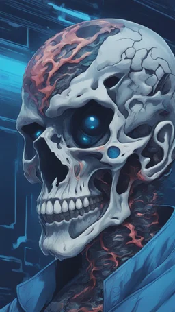 a close up of a person with a skull on their head, blue and black colors, anime skull portrait man, scary detailed art in color, hiroyuki-mitsume takahashi, nychos art aesthetic, half man half skeleton, anime cyberpunk art, colored manga art, rossdraws pastel vibrant, cold colors. insanely detailed, beautiful anime portrait, stunning anime face portrait, scary art in color