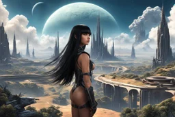 exotic slim sci-fi girl, with long dark hair with bangs, on an alien planet with cloud trees, tall spires, buildings, bridges, arches, photorealistic