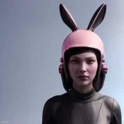 Portrait Rabbit helmet, cyberpunk woman, black pink color, highly detailed, art stations, concept art, smooth, unreal engine 5, god rays, ray tracing, RTX, lumen lighting, ultra detail, volumetric lighting, 3d, finely drawn, high definition, high resolution.