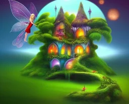 mystical house on a hot tropical island, fantasy art, surreal art, beautiful little fairies sitting on the trees,