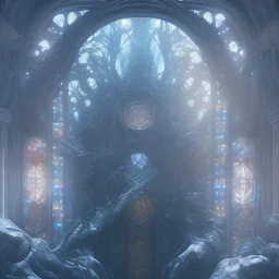 fantasy concept art, dynamic lighting, Intricately detailed, Splash screen art, deep color, Unreal Engine, volumetric lighting, black marble, Fantasy library artwork, white silk, stained glass windows, blue forest background,