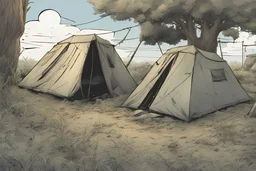 two tents, overgrown, post-apocalyptic, comic book,