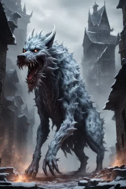 frost hellhound out of the abyss monstrous with five heads in ruins of medival town