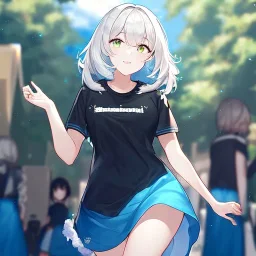 Clear focus, High resolution, light grey short hair, dark green eyes, wearing a black t-shirt and blue skirt, fluffy hair, detailed outfit, really fluffy hair